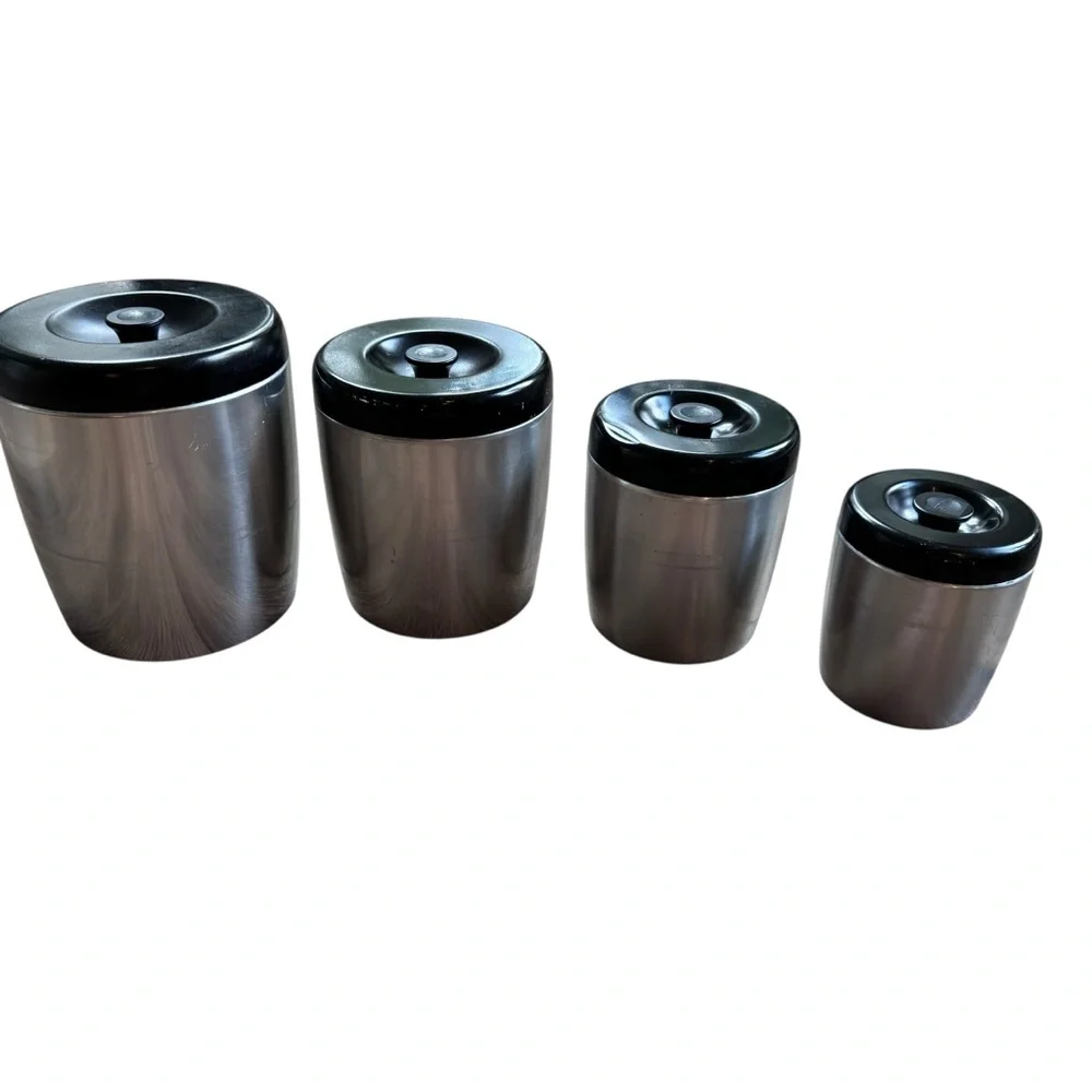 VTG West Bend Aluminum 4 Piece Nest Canister Set Silver With Black Lids USA MCM